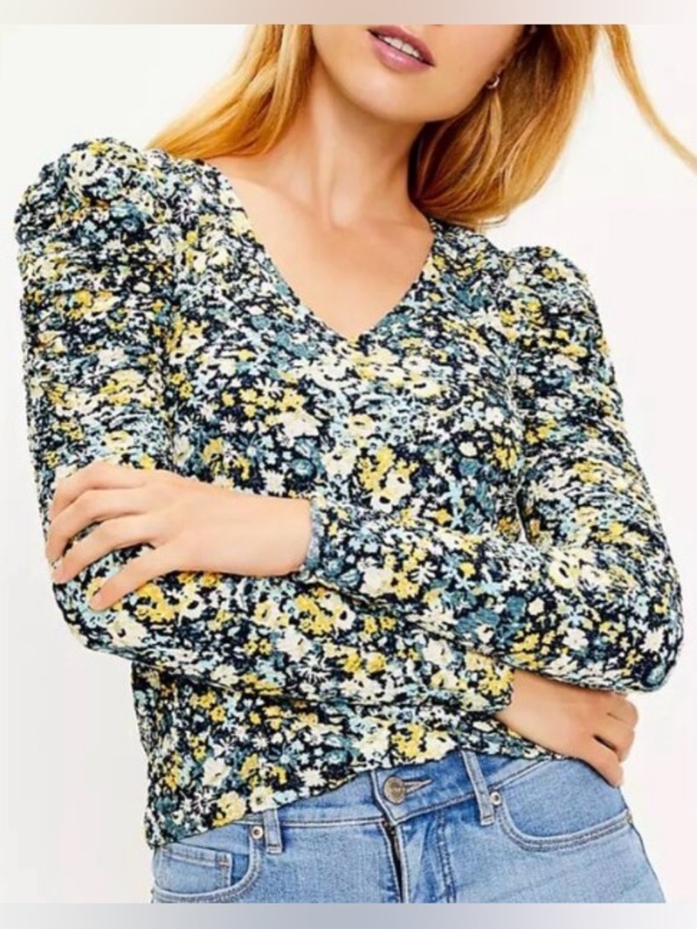 LOFT | Blue/Yellow Floral Print Shirred Puff-Sleeve Long-Sleeve Blouse Sz Small